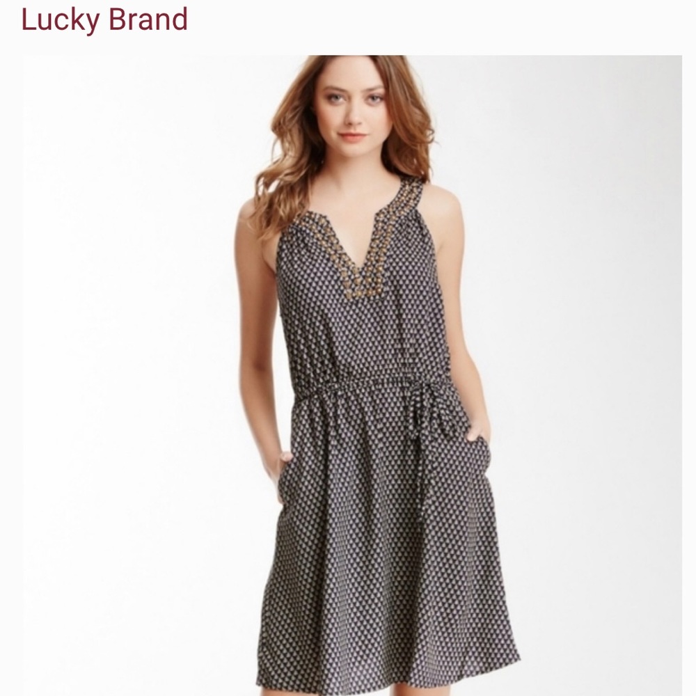 Lucky Brand Navy Print Racerback Dress w/Beading